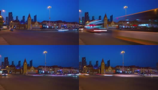 黄昏照明青岛市交通街道火车站前方时光流逝全景4k中国高清在线视频素材下载