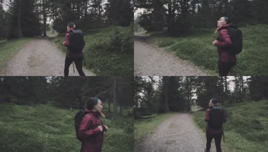 独自在多洛米特森林徒步旅行的女人高清在线视频素材下载