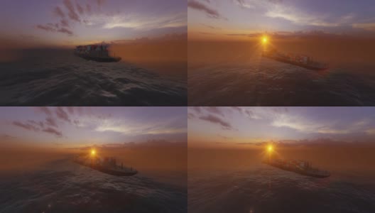 在美丽的日落映衬下，一艘货船在波涛汹涌的海上行驶高清在线视频素材下载