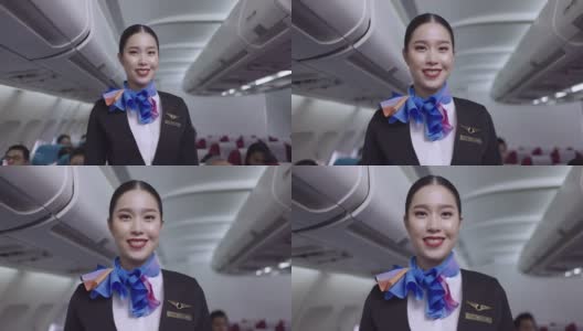 一个美丽的空姐在飞机上的肖像高清在线视频素材下载