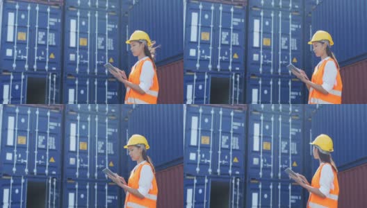 女工程师在航运港口使用数字平板电脑处理货运集装箱高清在线视频素材下载