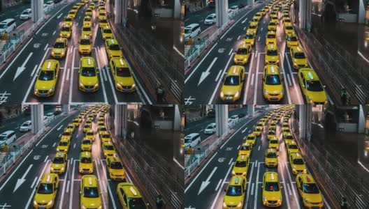 T/L TU晚上在机场出口，黄色出租车排着长队高清在线视频素材下载