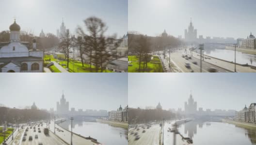 春天早晨的河流，科特尼切斯卡亚堤岸，从大桥，莫斯科，俄罗斯高清在线视频素材下载