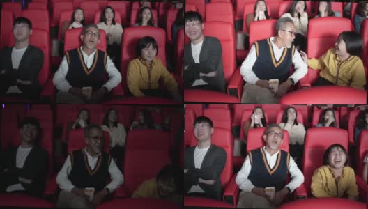 亚洲华人老人和孙女在电影院看电影睡着了高清在线视频素材下载