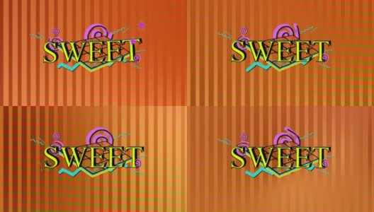 动画甜文本在黄色与五颜六色的几何形状在波动的橙色条纹高清在线视频素材下载