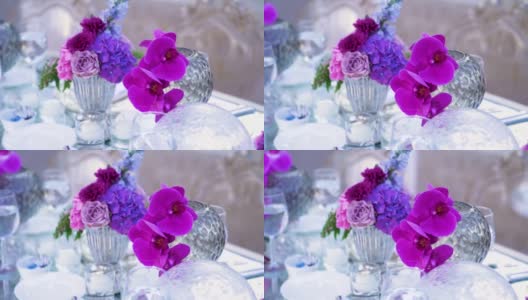 蓝紫色花婚礼餐桌装饰高清在线视频素材下载