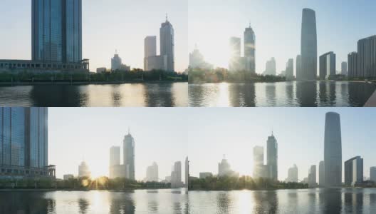 日出时分，天津河边的天际线和现代建筑。高清在线视频素材下载