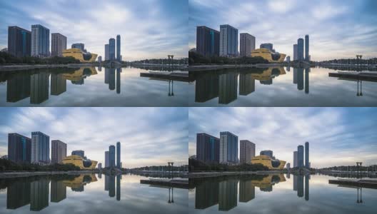 云中杭州滨江区的水、城市、天际线。间隔拍摄4 k高清在线视频素材下载