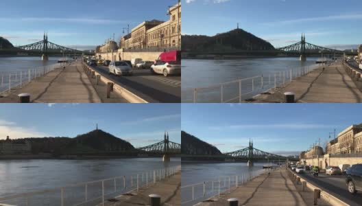 多瑙河河岸与自由桥布达佩斯冬季日落城市景观高清在线视频素材下载