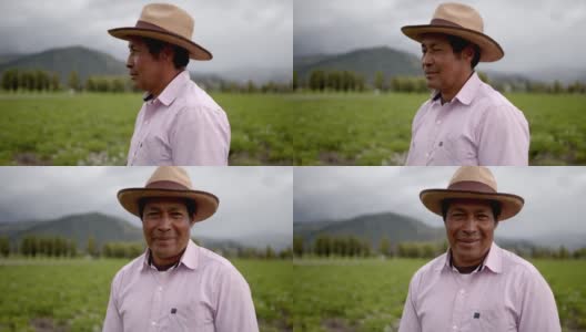 拉丁美洲的一位农民看向别处，然后愉快地面对镜头，微笑着看着一个土豆收获的田地高清在线视频素材下载