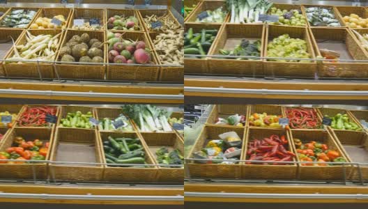 在超市里走过新鲜的蔬菜。商店里的杂货通道。近距离高清在线视频素材下载