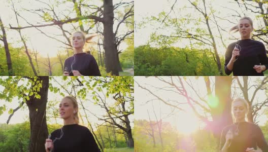 斯坦尼康慢镜头:健康的生活——一个女人在春天的森林里慢跑，听着音乐高清在线视频素材下载