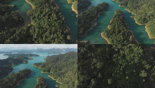 4k鸟瞰图和倾斜的热带雨林在Chiaw Lan水坝在考索。高清在线视频素材下载