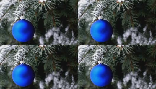 蓝色的圣诞球挂在蓝色的云杉树枝上高清在线视频素材下载