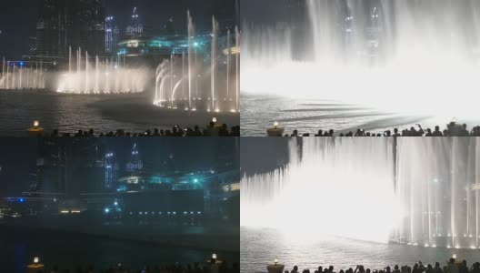 迪拜市中心哈利法塔和迪拜购物中心附近的跳舞喷泉。高清在线视频素材下载