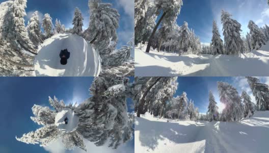 人走过美丽的冬季森林，VR360, 360度，360度，VR，小星球效果高清在线视频素材下载