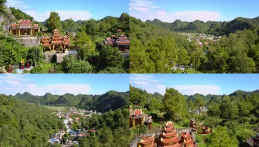 无人机快速飞过古老的佛教寺庙到现代城市高清在线视频素材下载