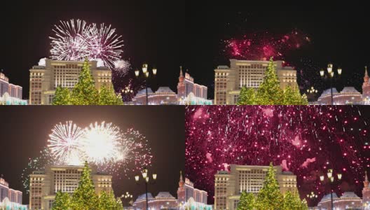 圣诞和新年假期的焰火照明和四季酒店的夜晚。莫斯科。俄罗斯高清在线视频素材下载