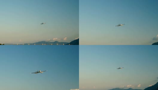 飞机降落在科孚机场的跑道上。希腊。缓慢的运动。高清高清在线视频素材下载