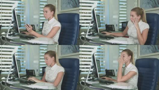 年轻的不快乐的商业女性在办公室的办公桌高清在线视频素材下载