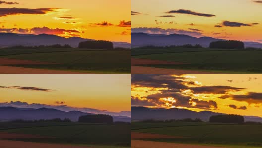 北海道拼接路日落时间间隔4k -日落在北海道田野山后面的时间间隔高清在线视频素材下载