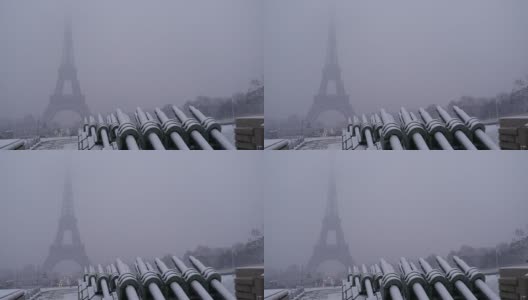 雪天在巴黎，埃菲尔铁塔，法国高清在线视频素材下载