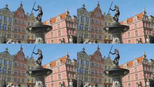 海王星喷泉青铜金属，波兰格但斯克，欧洲城市广场建筑高清在线视频素材下载