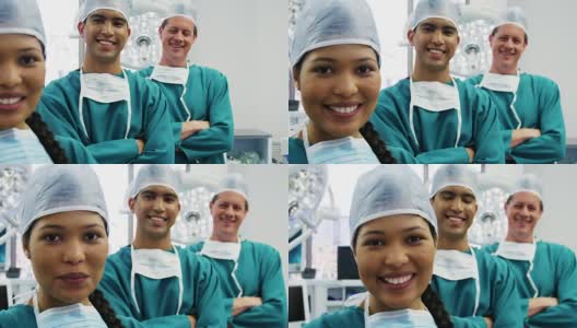 外科医生和护士双手交叉站在手术室的肖像高清在线视频素材下载