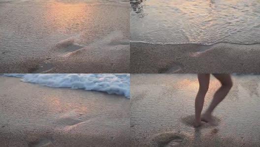 沙滩上的海浪在夕阳下的海洋海洋夏天的足迹高清在线视频素材下载