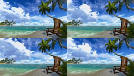 沙滩上的棕榈树和躺椅。海浪的声音高清在线视频素材下载