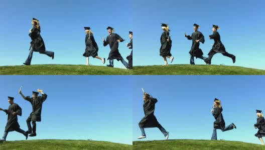 毕业生们在山上奔跑，慢镜头高清在线视频素材下载