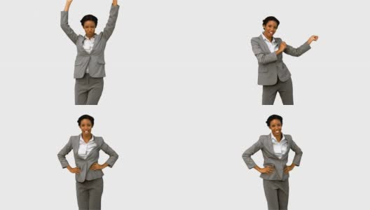 快乐的女商人在白屏上慢动作跳舞高清在线视频素材下载