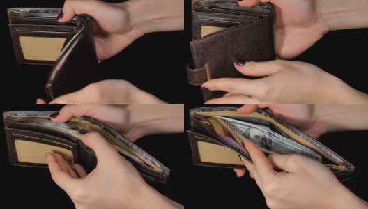 女性从钱包里拿出现金。美元。乌克兰和夫纳黑色背景。高清在线视频素材下载