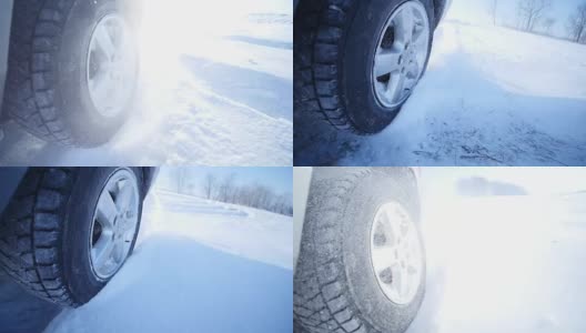 开车穿过厚厚的积雪，相机上的雪花飘动高清在线视频素材下载