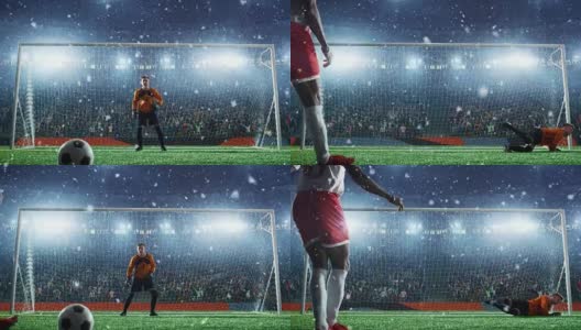 足球守门员在职业足球场中跳跃接球。体育场和人群是在3D和动画高清在线视频素材下载