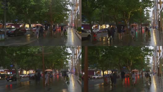 雨天晚上时间上海城市交通街道人行道全景4k中国高清在线视频素材下载