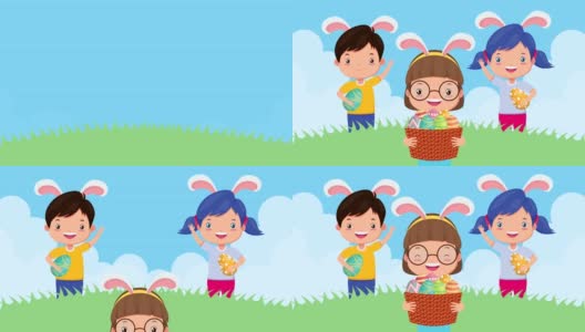 复活节快乐动画卡与小朋友和鸡蛋绘制高清在线视频素材下载