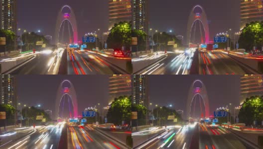 夜光照亮广州市著名的繁忙交通公路桥，全景时间跨度4k中国高清在线视频素材下载