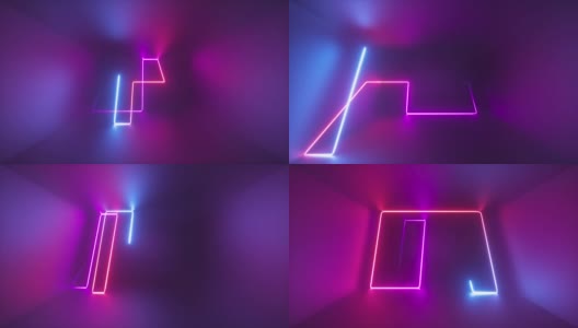 3d抽象紫外线背景与动态发光霓虹灯线移动在长黑暗隧道。粉蓝色紫光照明。激光路径，混沌交错的迷宫轨迹，光线高清在线视频素材下载