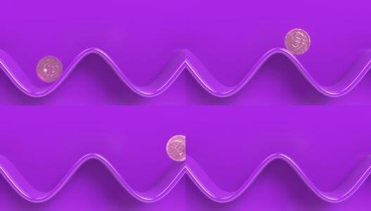 3d循环动画的极简几何抽象场景。黄金欧元硬币在波浪形的道路上滚动。金融概念的下降和上升。高清在线视频素材下载