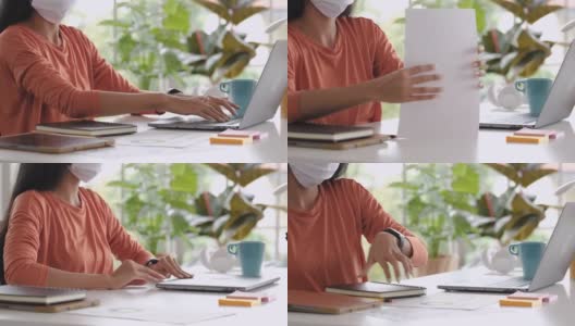 亚洲女性在家完成工作后，戴上口罩，重新整理桌子上的东西，关上笔记本电脑高清在线视频素材下载