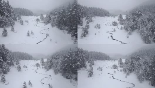 冬季空中盘旋着白雪覆盖的松林和蜿蜒的河床。在山上滑雪度假。高清在线视频素材下载