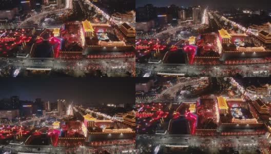 鸟瞰图古城墙南门庆祝中国春节，西安，陕西，中国高清在线视频素材下载