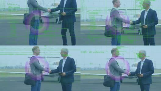 两个白人商人在机场跑道上握手，进行抽象形状和数据处理高清在线视频素材下载