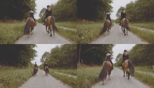 骑手在森林中央的一条狭窄道路上骑马高清在线视频素材下载
