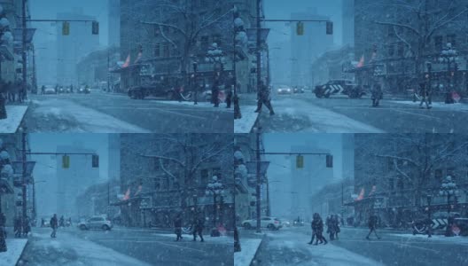 在暴风雪中的城市，汽车和人在晚上高清在线视频素材下载