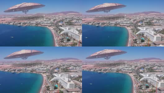 外星人飞碟飞碟在大型度假城市沙漠附近的海，航拍高清在线视频素材下载