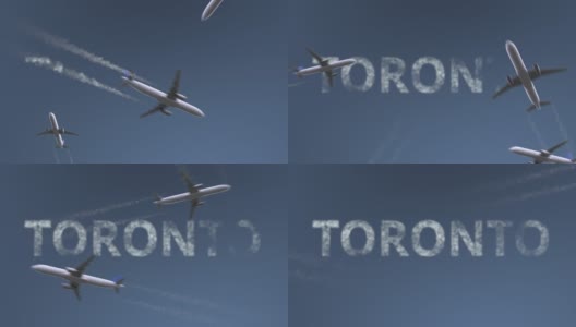飞行的飞机显示多伦多的标题。加拿大概念动画介绍高清在线视频素材下载