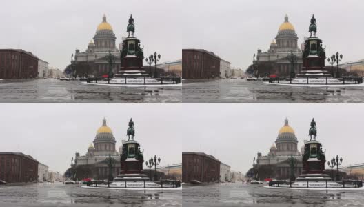 俄罗斯圣彼得堡，一个多云的冬日，以撒广场高清在线视频素材下载