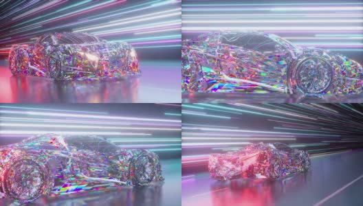 未来的概念。钻石跑车在发光的霓虹灯线的背景上。蓝色紫色。三维动画高清在线视频素材下载